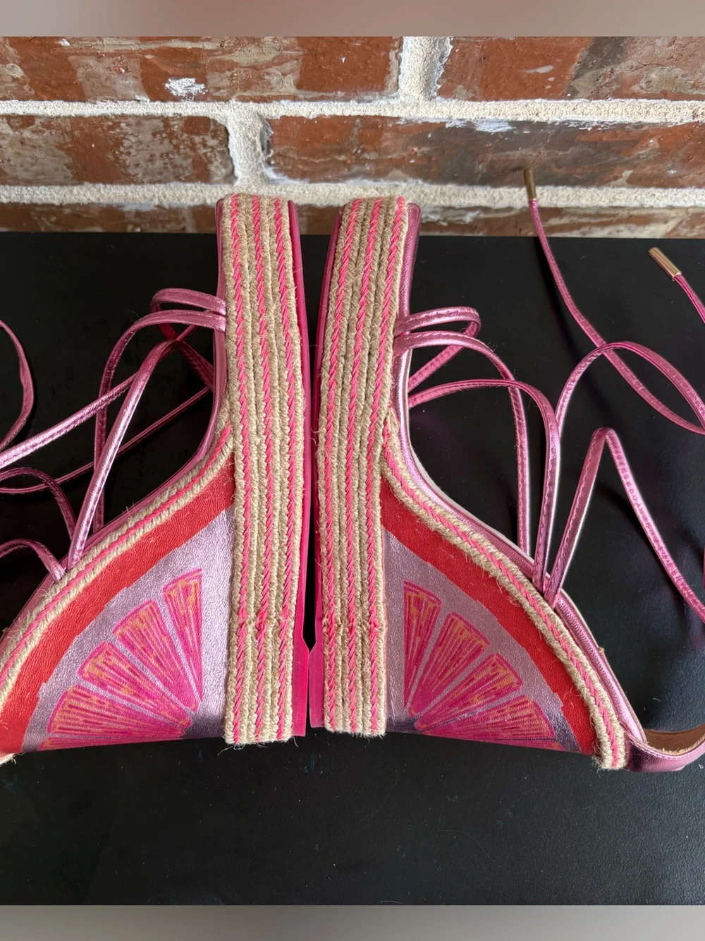 Sophia Webster Mimi Espadrille Wedge Sandals Metallic Citrus Pink EU Size 39